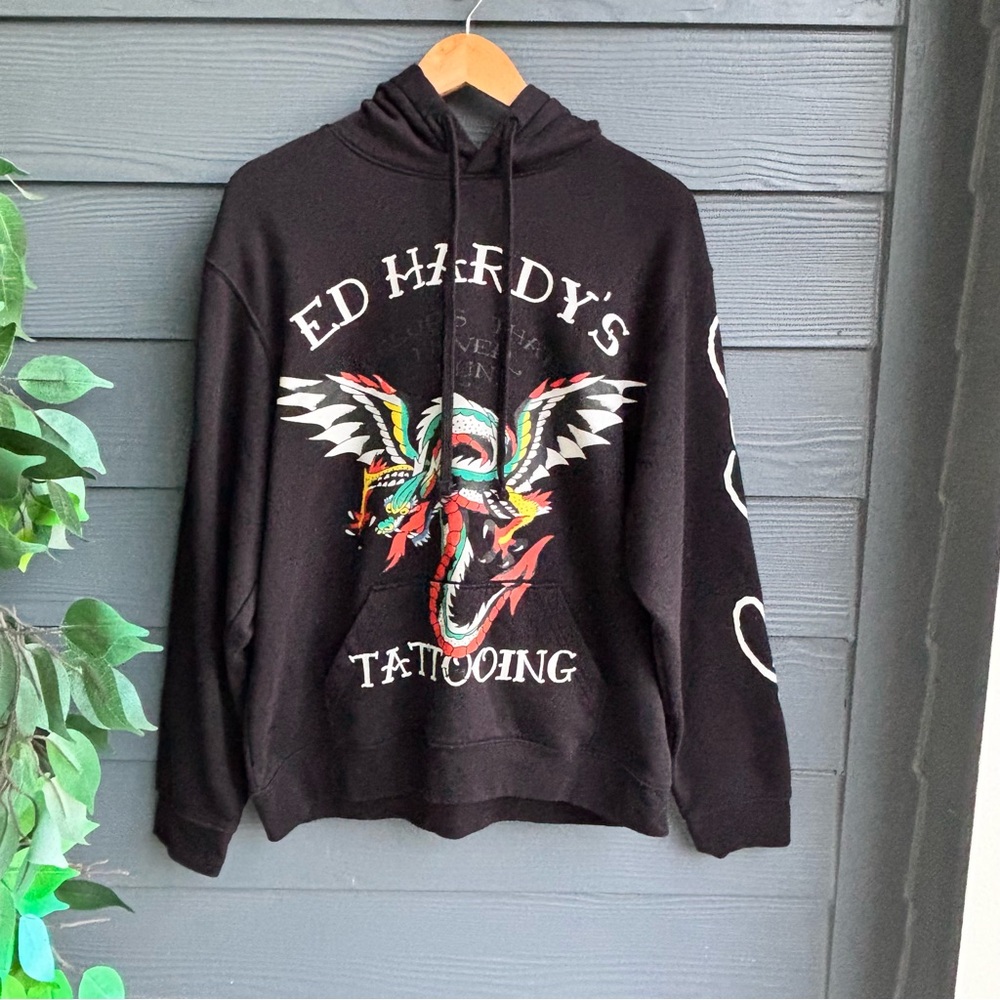 Ed Hardy Black Hoodie with Multicolor Tattoo Graphic size L